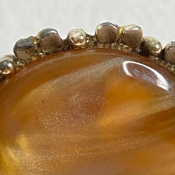 Signed Earrings Large Amber Stone Button Clip On - Picture 4 of 10